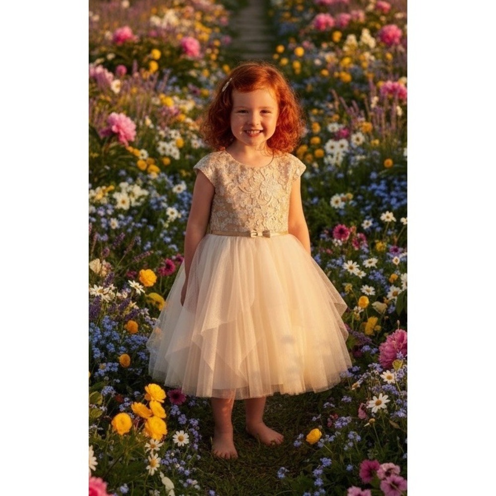 New Jona Michelle Girls Floral Appliqué Metallic Ruffle Dress size 8 Ivory